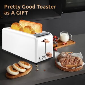 Pukomc Toaster 4 Slice with Wide Slots, 2 Long Slot Toaster for Bagels Waffles and Toast, 6 Browning Levels, Stainless Steel, Removable Tray, Cancel/Bagel/Defrost Functions, WT-8500 White (1500W)