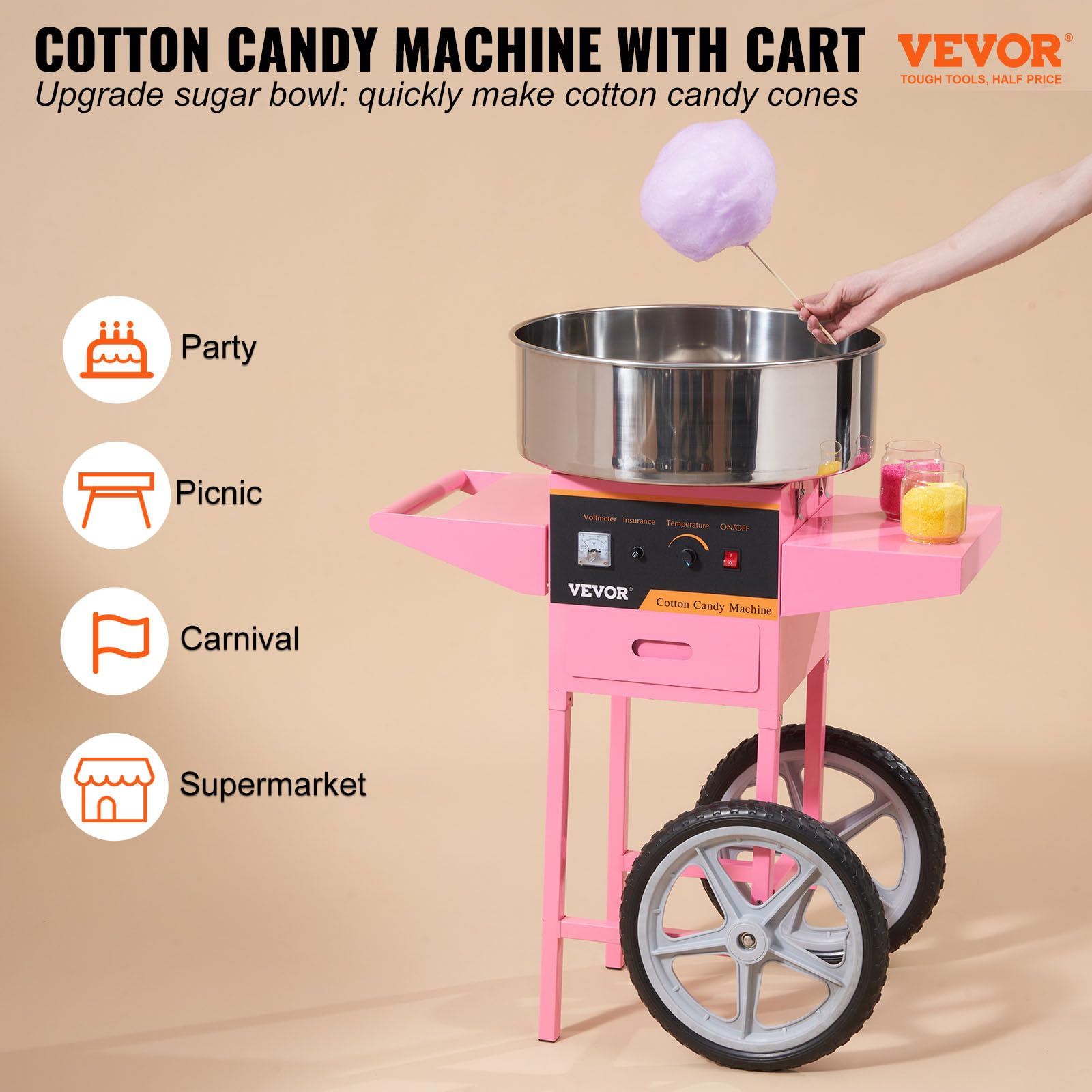 VBENLEM Commercial Cotton Candy Machine with Cart, Electric Floss Maker with Stainless Steel Bowl, Sugar Scoop and Drawer, for Family and Various Party, Pink