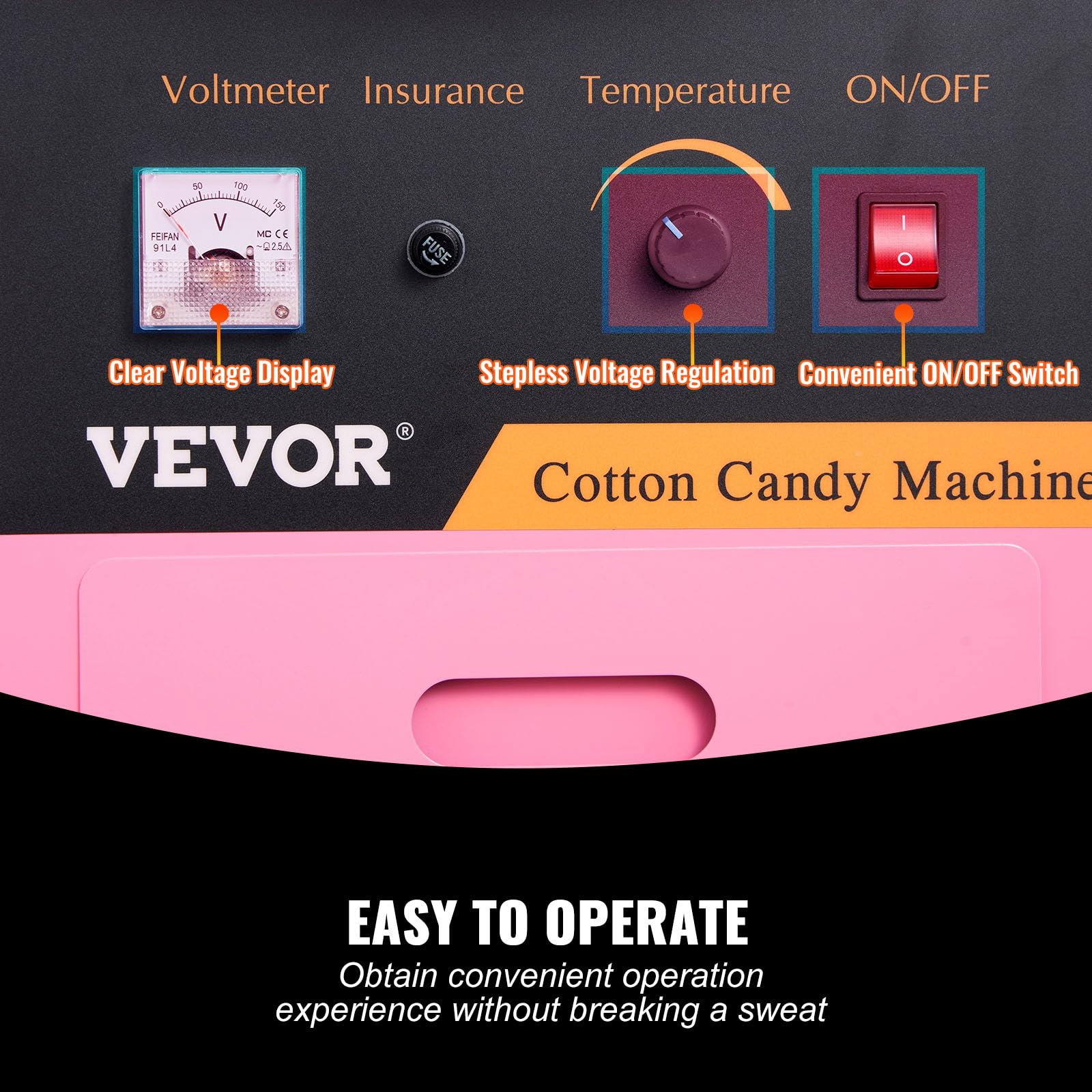 VBENLEM Commercial Cotton Candy Machine with Cart, Electric Floss Maker with Stainless Steel Bowl, Sugar Scoop and Drawer, for Family and Various Party, Pink