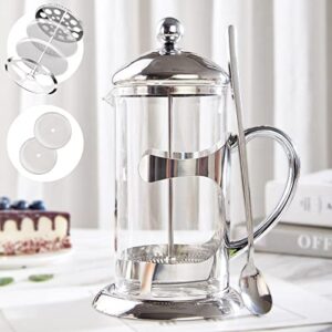dujust silver french press coffee maker, luxury design french coffee press with 4-level filter system, high-grade glass for hot & cold resistance, include long size 304 stainless steel spoon - 34oz