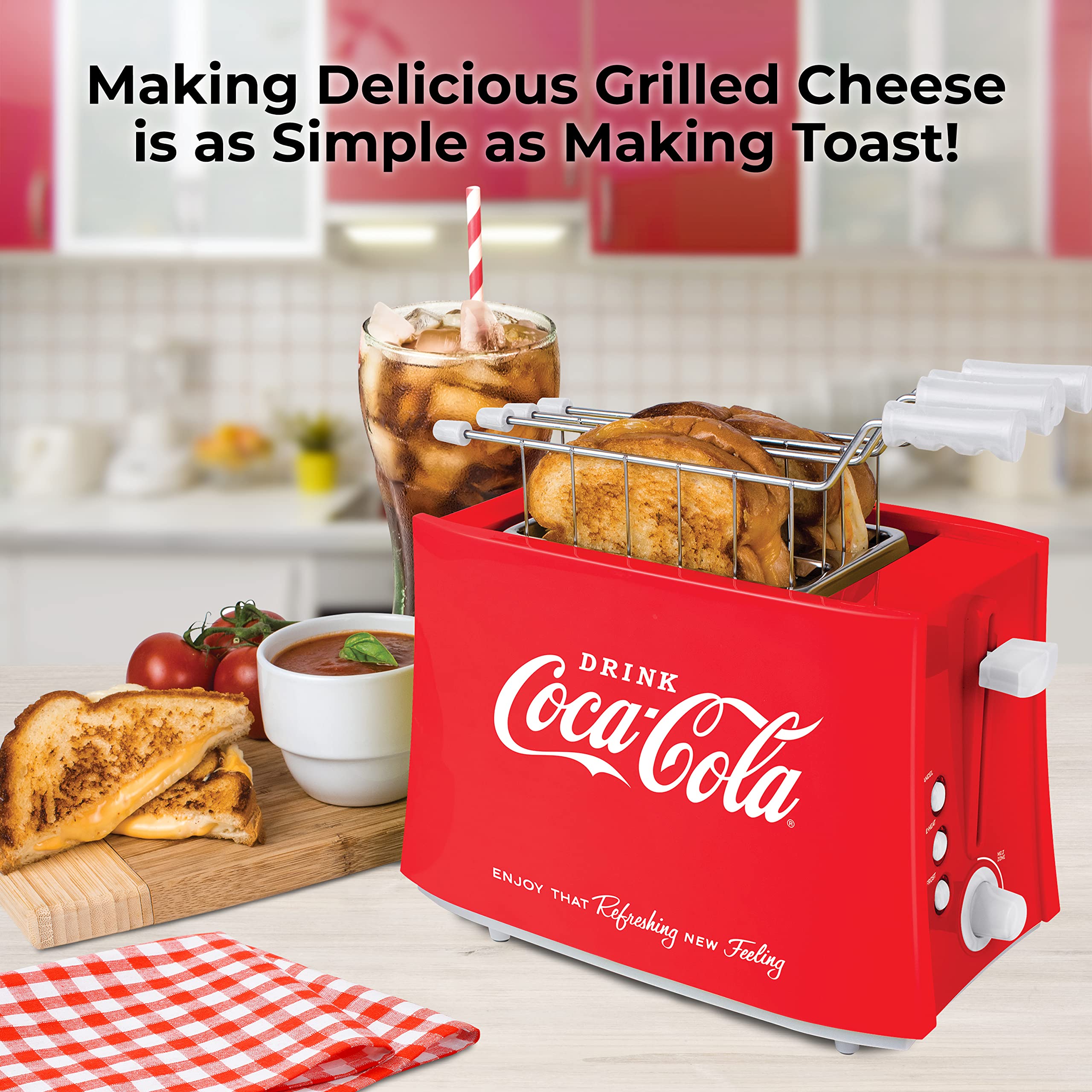 Nostalgia Coca-Cola Grilled Cheese Toaster with Easy-Clean Toaster Baskets and Adjustable Toasting Dial, Red, 2-Slot