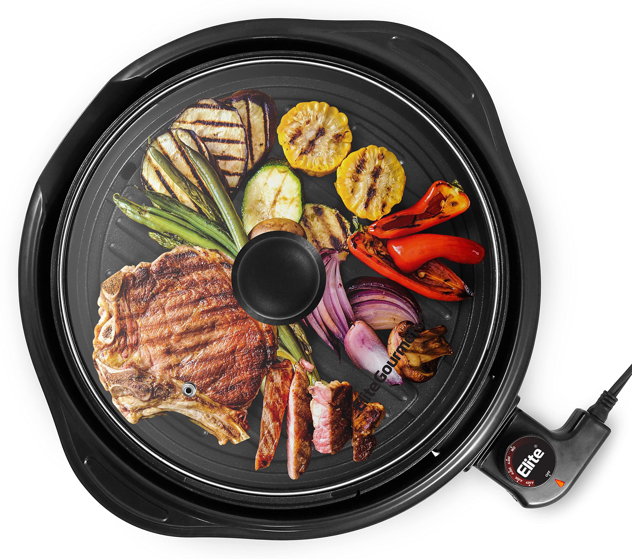 Elite Gourmet EMG1100 Electric Indoor Nonstick Grill, Dishwasher Safe, Cool Touch, Fast Heat Up Ideal Low-Fat Meals, Includes Tempered Glass Lid, 11", Black