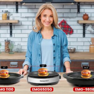 Elite Gourmet EMG1100 Electric Indoor Nonstick Grill, Dishwasher Safe, Cool Touch, Fast Heat Up Ideal Low-Fat Meals, Includes Tempered Glass Lid, 11", Black