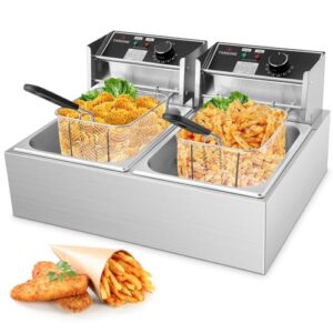 commercial deep fryer, 3400w electric deep fryers with 2x6.35qt baskets 0.8mm thickened stainless steel countertop oil turkey fryer 20.7qt large capacity with temperature limiter