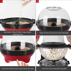 Electric Hot Oil Stirring Popcorn Maker，800W Popcorn Popper Machine with Measuring Cups and Large Lid, 6 Quart, Red, 34*29*13cm, RH-906