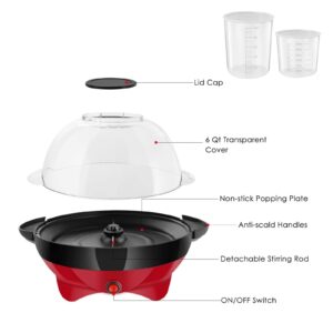 Electric Hot Oil Stirring Popcorn Maker，800W Popcorn Popper Machine with Measuring Cups and Large Lid, 6 Quart, Red, 34*29*13cm, RH-906