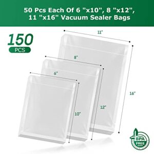 FRESKO Vacuum Sealer Bags 150 Count, Seal a Meal Vac Bag Sealer Machines, 50 of Each Size 50 Pint 6"X10",50 Quart 8"X12"and 50 Gallon11"X16" BPA Free, Heavy Bag, Great for Sous Vide Bag Meal Prep