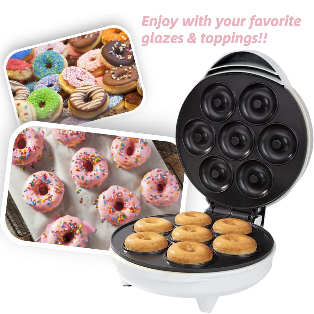 Mini Donut Maker, Electric Non-Stick Surface Makes 7 Small Doughnuts, Decorate or Ice Your Own for Kid Friendly Dessert or Snack