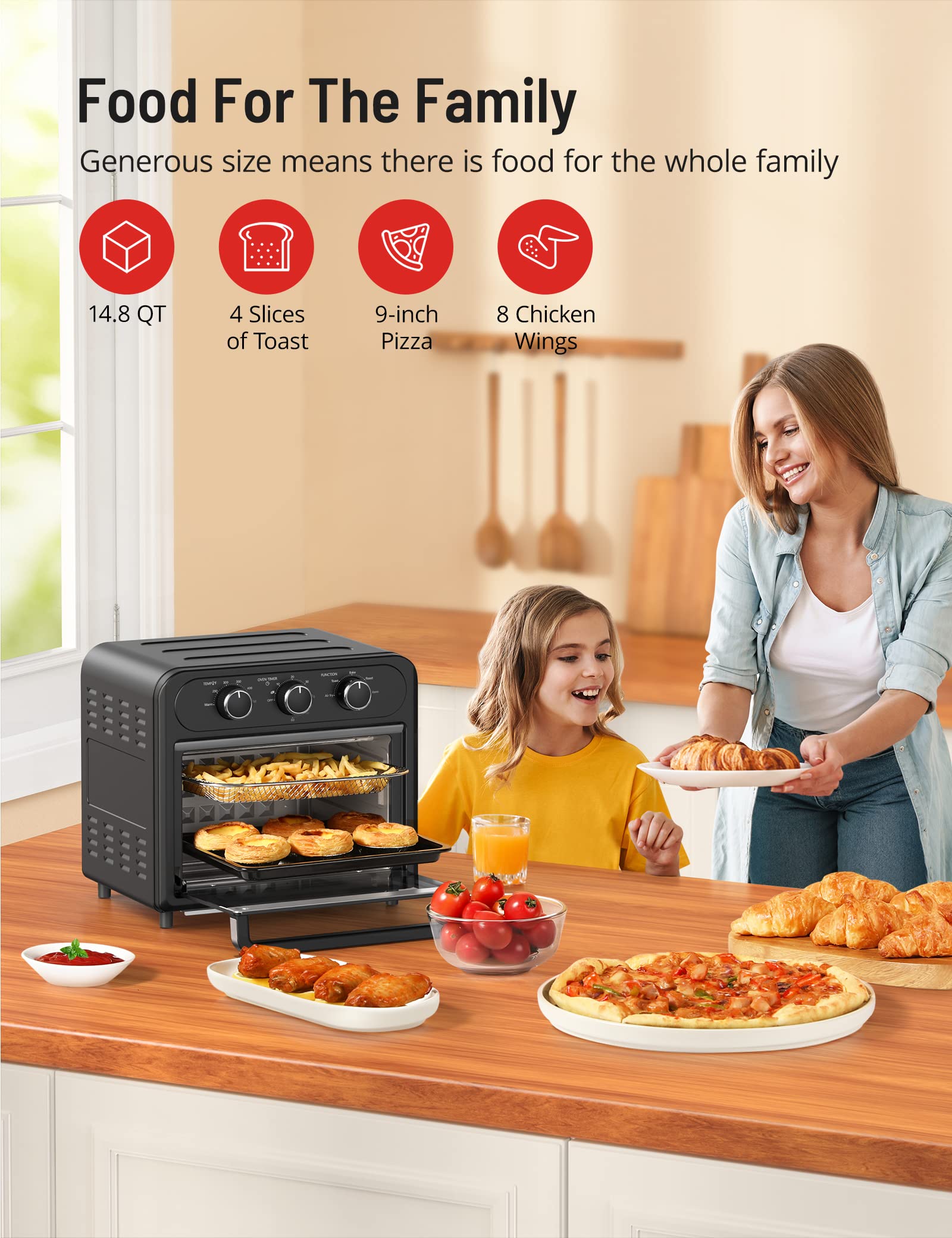 Air Fryer, Paris Rhône 15QT Toaster Oven Countertop, 450℉ Food Dehydrator, Knob-Controlled Freidora de Aire for Easy, Oil Less and Healthy Meals with Nonstick Dishwasher Safe Basket and Trays (Black)