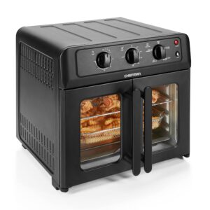 chefman extra large air fryer and convection oven with french doors and rotisserie spit, the easiest way to cook oil-free, double wide glass windows open for convenient access and viewing, 24.5 liters