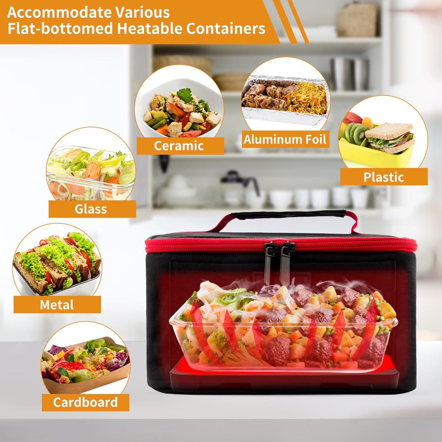 Aotto Portable Oven, 12V, 24V, 110V Food Warmer, Portable Mini Personal Microwave Heated Lunch Box Warmer for Cooking and Reheating Food in Car, Truck, Travel, Camping, Work, Home, Black-Red