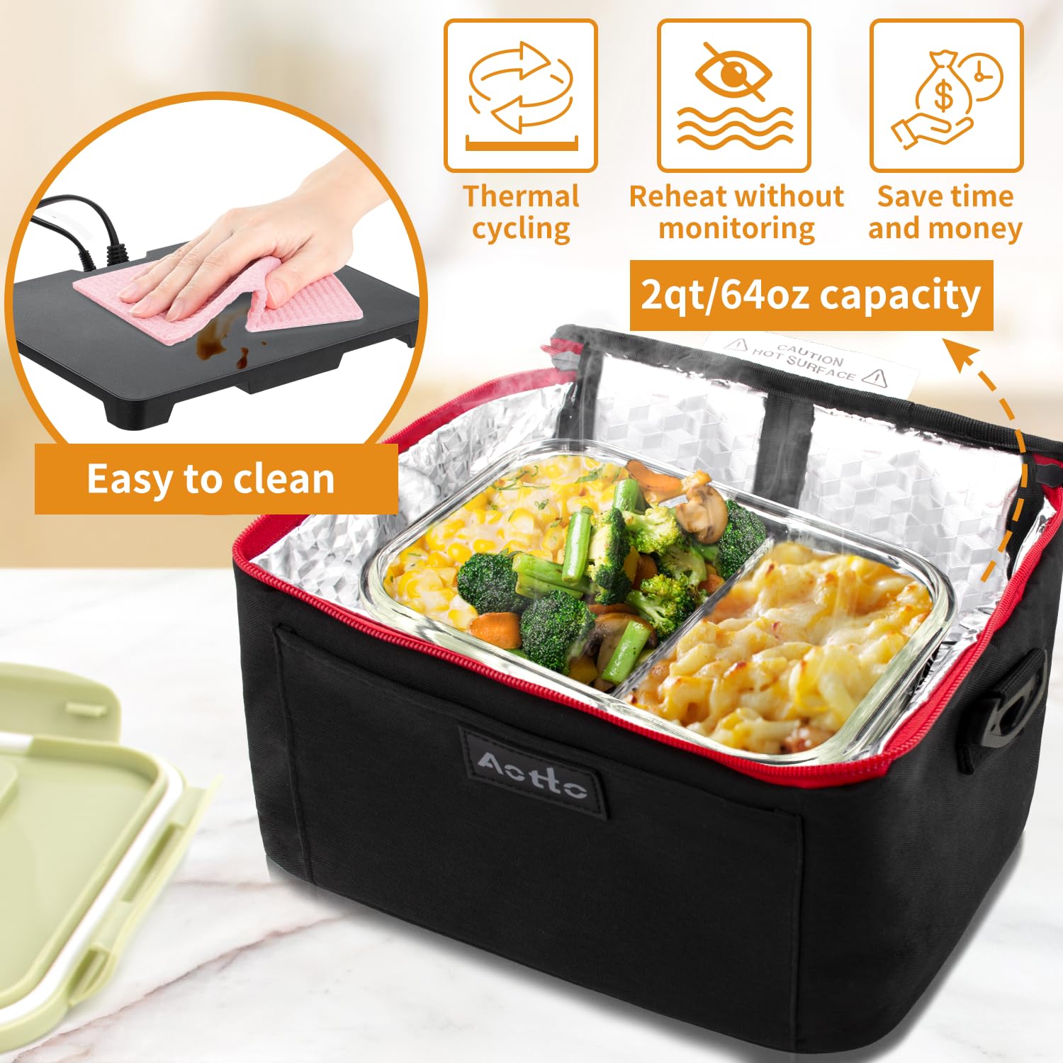 Aotto Portable Oven, 12V, 24V, 110V Food Warmer, Portable Mini Personal Microwave Heated Lunch Box Warmer for Cooking and Reheating Food in Car, Truck, Travel, Camping, Work, Home, Black-Red