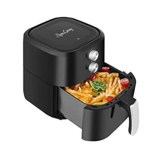 sync living 4.8 quart small air fryer, 6-in-i less oil airfryer, oven pizza cooker with temperature & time control air fryers, non-stick fry basket, recipe guide, auto shut-off feature, black