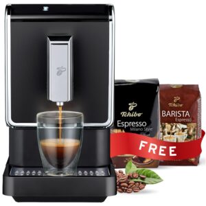 tchibo single serve coffee maker - automatic espresso coffee machine - built-in grinder, no coffee pods needed - comes with 2 x 17.6 ounce bags of whole beans