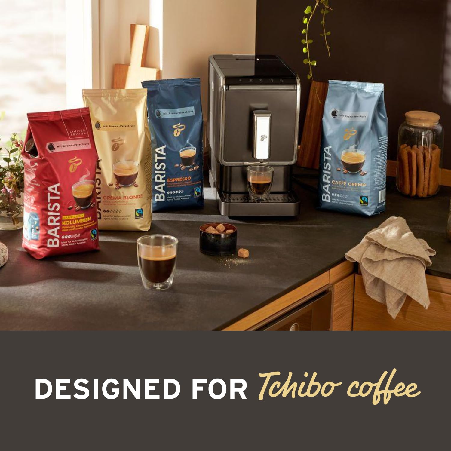 Tchibo Single Serve Coffee Maker - Automatic Espresso Coffee Machine - Built-in Grinder, No Coffee Pods Needed - Comes with 2 x 17.6 Ounce Bags of Whole Beans