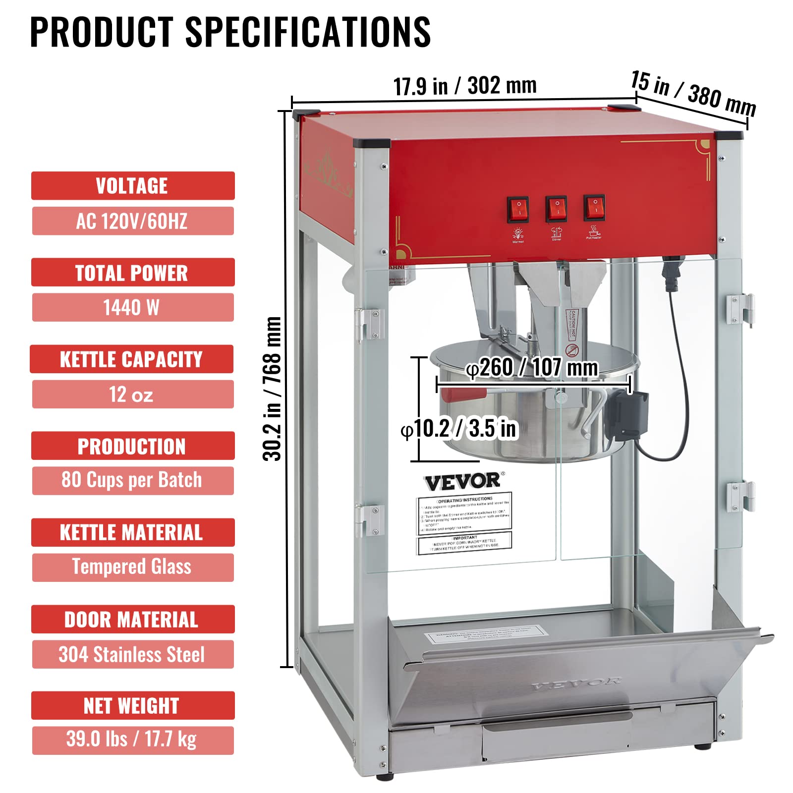 VEVOR Commercial Popcorn Machine, 12 Oz Kettle, 1440 W Countertop Popcorn Maker for 80 Cups per Batch, Theater Style Popper with 3-Switch Control Steel Frame Tempered Glass Doors 1 Scoop 2 Spoons, Red