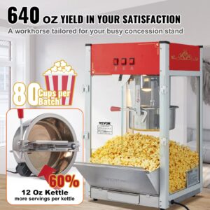 VEVOR Commercial Popcorn Machine, 12 Oz Kettle, 1440 W Countertop Popcorn Maker for 80 Cups per Batch, Theater Style Popper with 3-Switch Control Steel Frame Tempered Glass Doors 1 Scoop 2 Spoons, Red