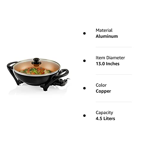 OVENTE Electric Wok with Nonstick Coating, 13 Inch Family-Sized Skillet, 1400W Power, Adjustable Temperature, Tempered Glass Lid, Cool Touch Handles and Easy to Clean Frying Surface, Copper SK3113CO