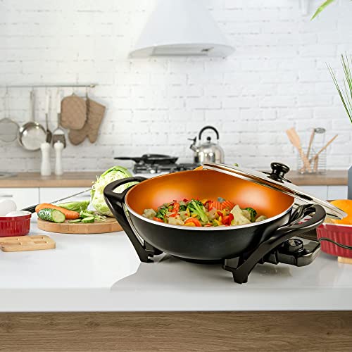 OVENTE Electric Wok with Nonstick Coating, 13 Inch Family-Sized Skillet, 1400W Power, Adjustable Temperature, Tempered Glass Lid, Cool Touch Handles and Easy to Clean Frying Surface, Copper SK3113CO