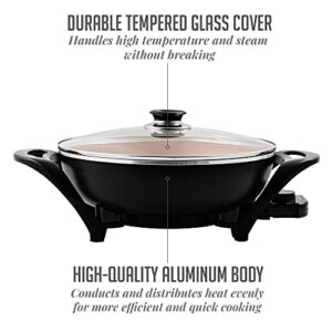 OVENTE Electric Wok with Nonstick Coating, 13 Inch Family-Sized Skillet, 1400W Power, Adjustable Temperature, Tempered Glass Lid, Cool Touch Handles and Easy to Clean Frying Surface, Copper SK3113CO