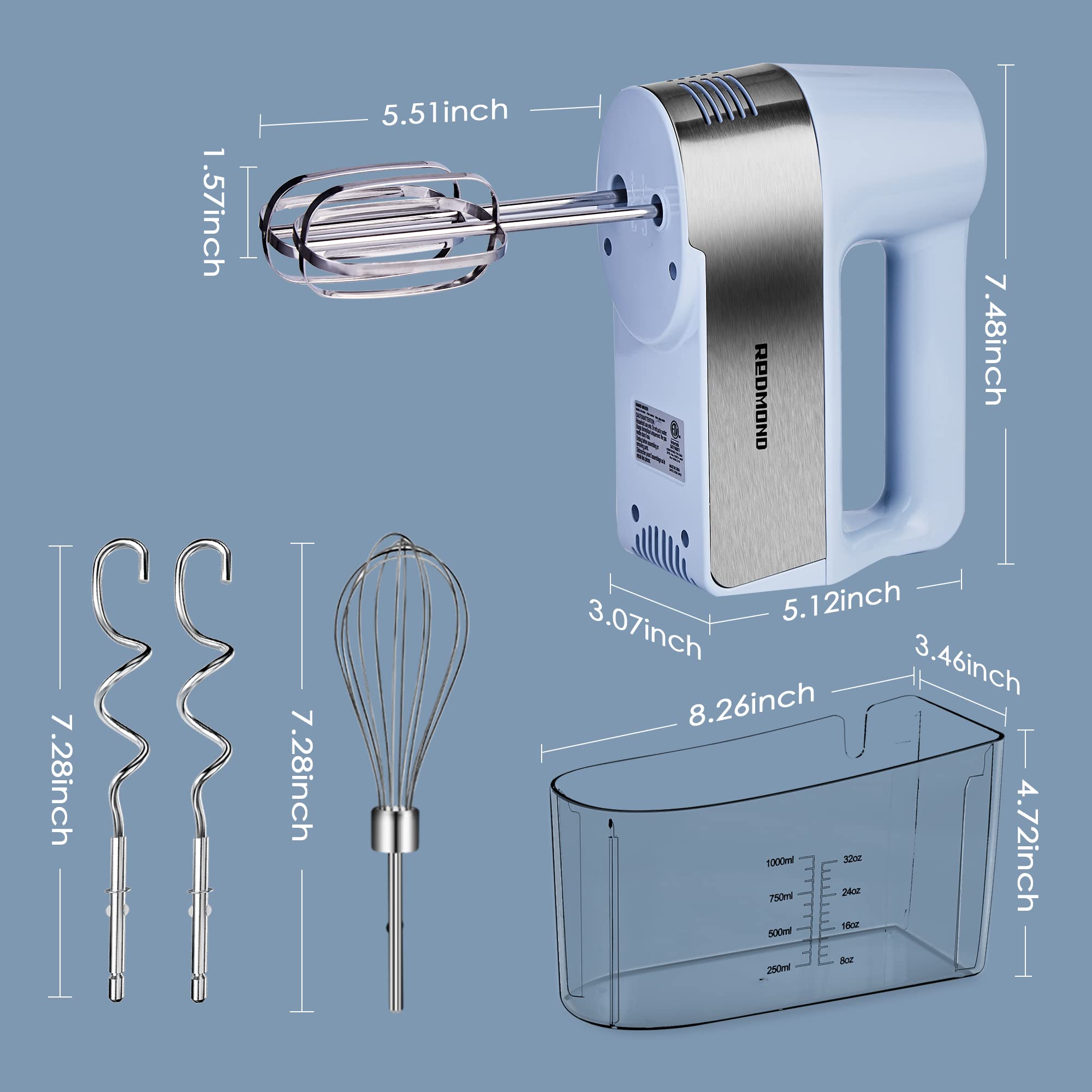 REDMOND Electric Hand Mixer, 5-Speed Hand Mixer with Measuring Storage Case, Kitchen Handheld Mixer Includes Dough Hooks, Whisk and Beaters for Cream, Cake, Cookies, Eggs 250W Hand Mixer with Measuring Box, HM018 Yellow