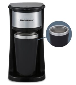elite gourmet ehc112 personal single-serve compact coffee maker brewer includes 14oz. stainless steel interior thermal travel mug, compatible with coffee grounds, reusable filter
