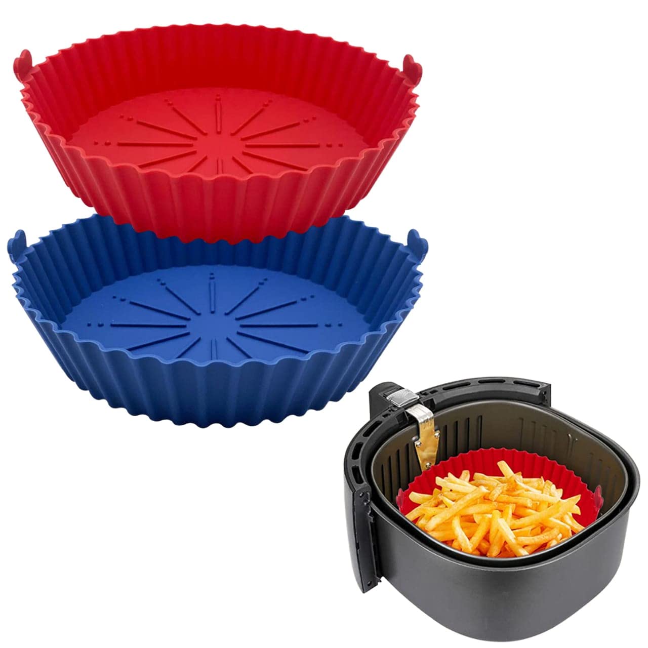 2 Pack Reusable Silicone Air Fryer Baskets Heat-Resistant and Simple to Clean. Round Silicone Pot for Air Fryer Oven Accessories, (Blue + Red)