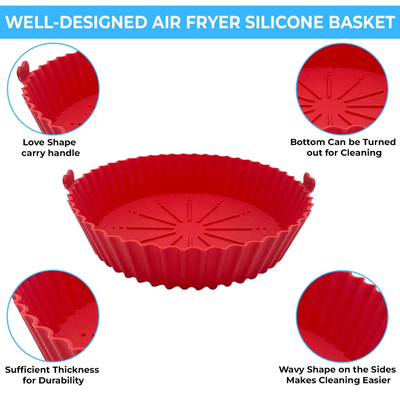 2 Pack Reusable Silicone Air Fryer Baskets Heat-Resistant and Simple to Clean. Round Silicone Pot for Air Fryer Oven Accessories, (Blue + Red)