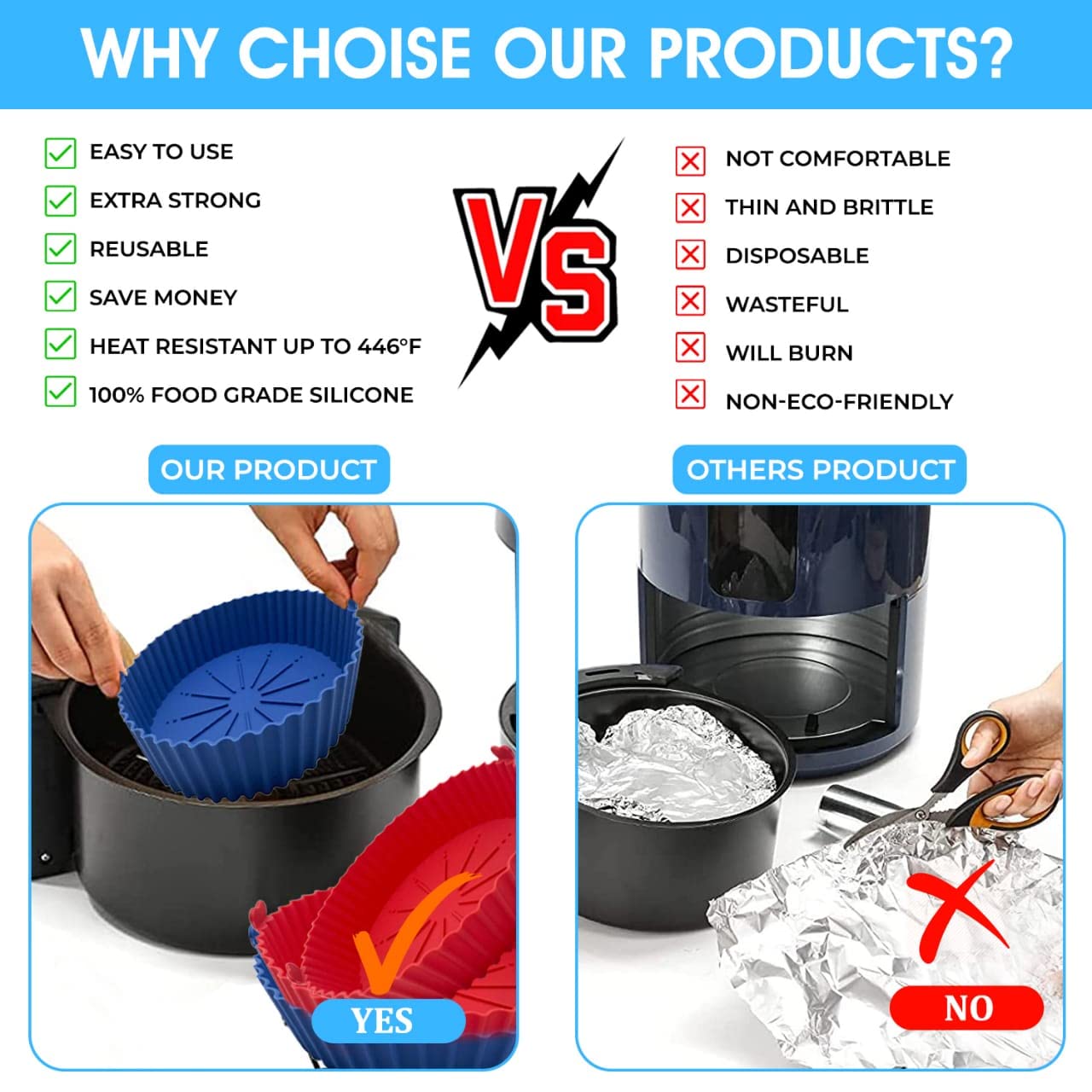 2 Pack Reusable Silicone Air Fryer Baskets Heat-Resistant and Simple to Clean. Round Silicone Pot for Air Fryer Oven Accessories, (Blue + Red)