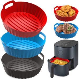 silicone air fryer liners, 3pcs 8.6inch air fryer silicone pot set replacement of parchment paper liners heat resistant reusable air fryer silicone basket fits 5qt or bigger air fryers, black+red+blue
