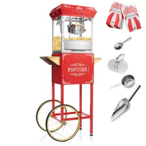 Olde Midway Vintage Style Popcorn Machine Maker Popper with Cart and 6-Ounce Kettle - Red