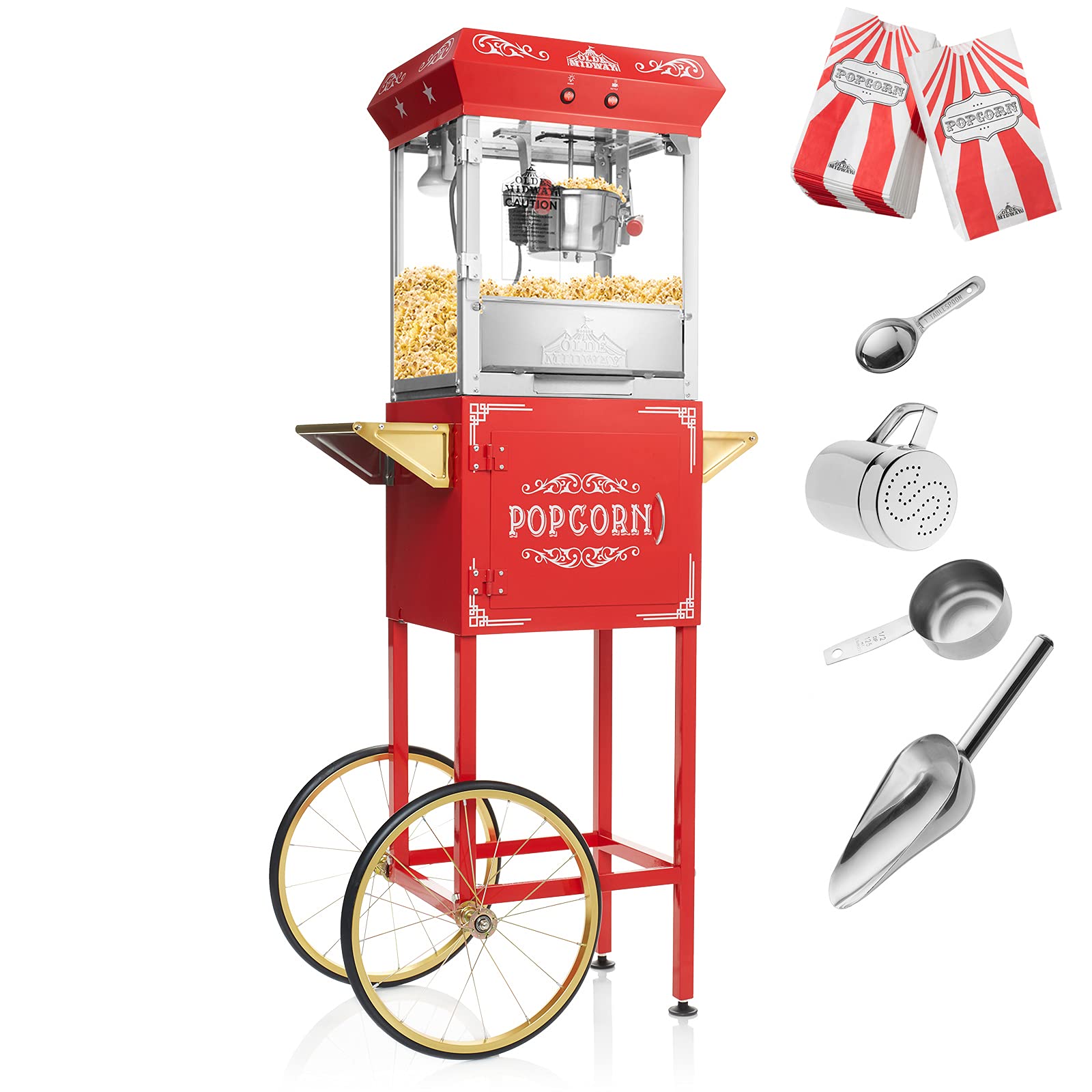 Olde Midway Vintage Style Popcorn Machine Maker Popper with Cart and 6-Ounce Kettle - Red