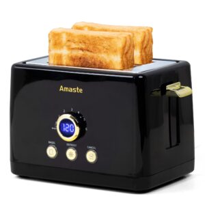 2 slice toaster, retro bread toaster with led digital countdown timer, extra wide slots toasters with 6 shade settings, bagel, cancel, defrost function, high lift lever, removal crumb tray, black