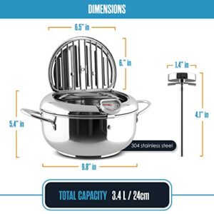 Deep Fryer Pot, Tempura Frying Pan, Stove Top, 9” x 5.5”, 114 Oz (3.6 Qt), 304 Stainless Steel, Flat Bottom, w/Lid & Temperature Control Thermometer, Japanese Style Cookware, Mini Frier | Houseables