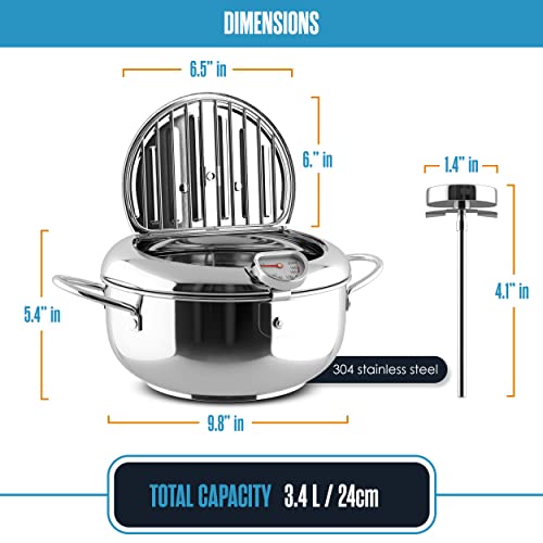 Deep Fryer Pot, Tempura Frying Pan, Stove Top, 9” x 5.5”, 114 Oz (3.6 Qt), 304 Stainless Steel, Flat Bottom, w/Lid & Temperature Control Thermometer, Japanese Style Cookware, Mini Frier | Houseables