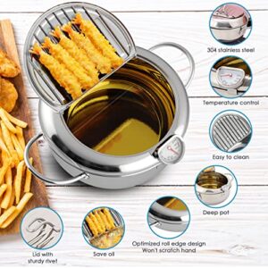 Deep Fryer Pot, Tempura Frying Pan, Stove Top, 9” x 5.5”, 114 Oz (3.6 Qt), 304 Stainless Steel, Flat Bottom, w/Lid & Temperature Control Thermometer, Japanese Style Cookware, Mini Frier | Houseables