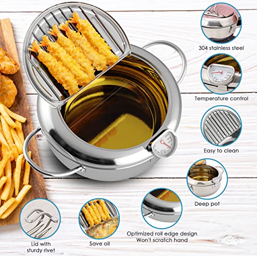 Deep Fryer Pot, Tempura Frying Pan, Stove Top, 9” x 5.5”, 114 Oz (3.6 Qt), 304 Stainless Steel, Flat Bottom, w/Lid & Temperature Control Thermometer, Japanese Style Cookware, Mini Frier | Houseables