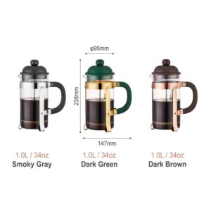 Lilayou French Press Coffee & Tea Maker, 34 Ounce Coffee Press, 304 Stainless Steel Heat Resistant High Boron Glass Easy to Clean (Dark Brown, 34oz)