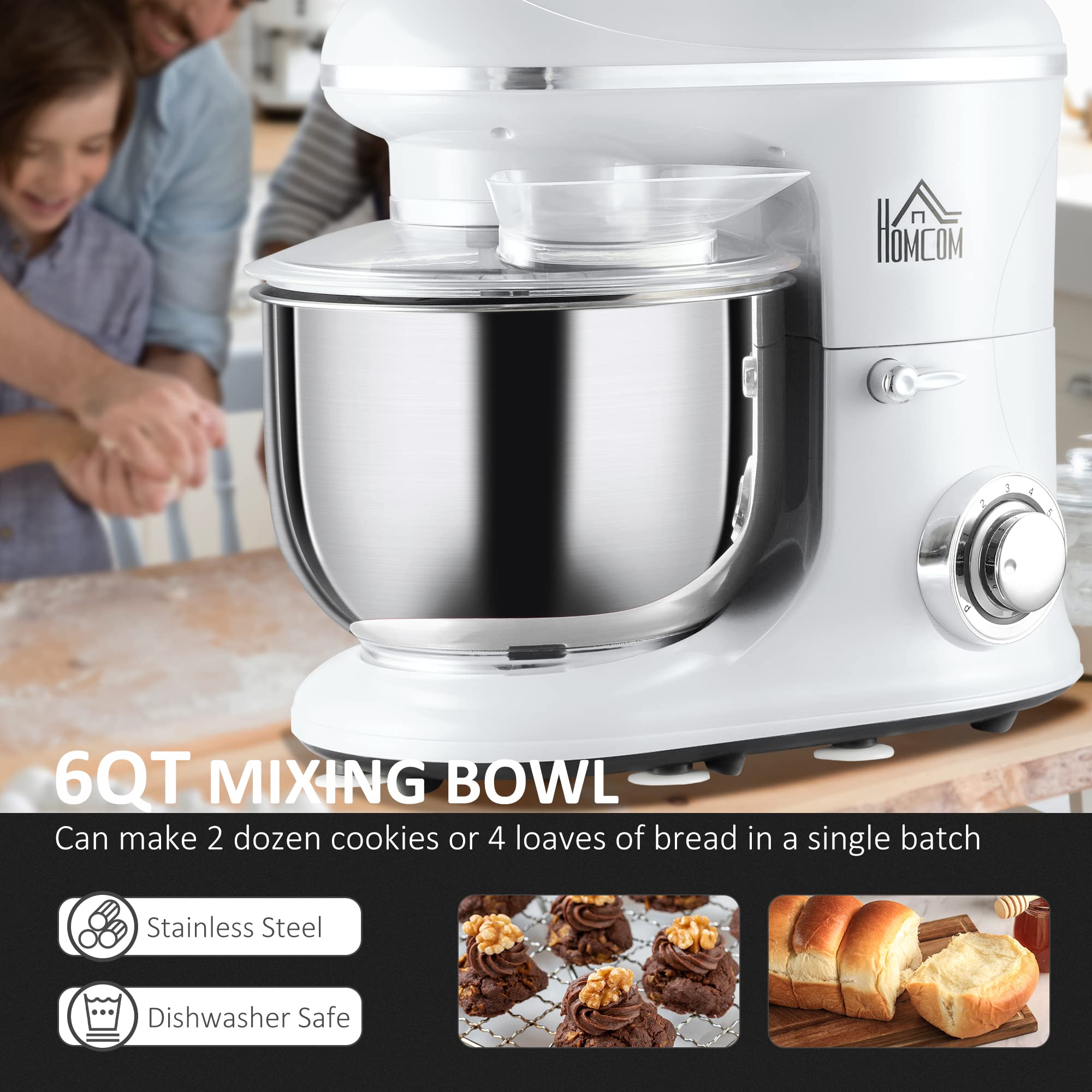 HOMCOM Stand Mixer with 6+1P Speed, 600W Tilt Head Kitchen Electric Mixer with 6 Qt Stainless Steel Mixing Bowl, Beater, Dough Hook, White