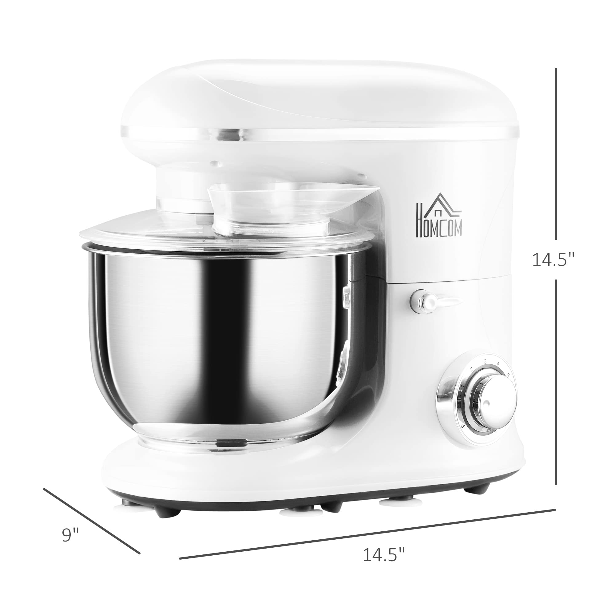 HOMCOM Stand Mixer with 6+1P Speed, 600W Tilt Head Kitchen Electric Mixer with 6 Qt Stainless Steel Mixing Bowl, Beater, Dough Hook, White