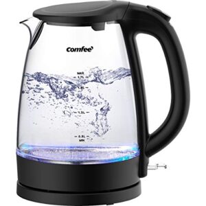 comfee' glass electric tea kettle & hot water boiler(bpa-free), 1.7l, cordless with led indicator, 1500w fast boil, auto shut-off and boil-dry protection