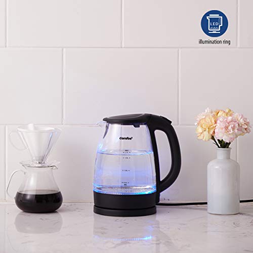 COMFEE' Glass Electric Tea Kettle & Hot Water Boiler(BPA-Free), 1.7L, Cordless with LED Indicator, 1500W Fast Boil, Auto Shut-Off and Boil-Dry Protection