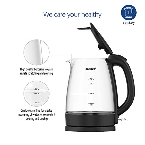 COMFEE' Glass Electric Tea Kettle & Hot Water Boiler(BPA-Free), 1.7L, Cordless with LED Indicator, 1500W Fast Boil, Auto Shut-Off and Boil-Dry Protection