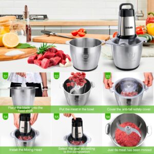 Qinkada Meat Grinder with 2 Stainless Steel Bowls, 500W Electric Food Processors, 3 Speed, 4 Bi-Level Bladesand Spatula for Baby Food, Meat, Onion, Vegetables, Fruits