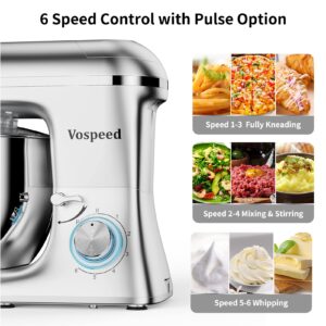 Vospeed 9 IN 1 Stand Mixer, 850W Tilt-Head Multifunctional Electric Mixer with 7.5 QT Stainless Steel Bowl, 1.5L Glass Jar, Meat Grinder, Hook, Whisk, Beater Dishwasher Safe - Silver