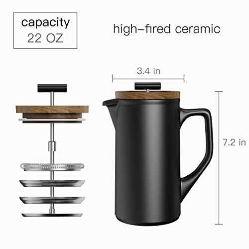 DHPO Ceramic French Press Coffee Maker, 22 Ounce French Press Coffee with Walnut Wood Lid, Premium Triple Filters Food Grade Stainless Steel for Good Coffee and Tea, Black