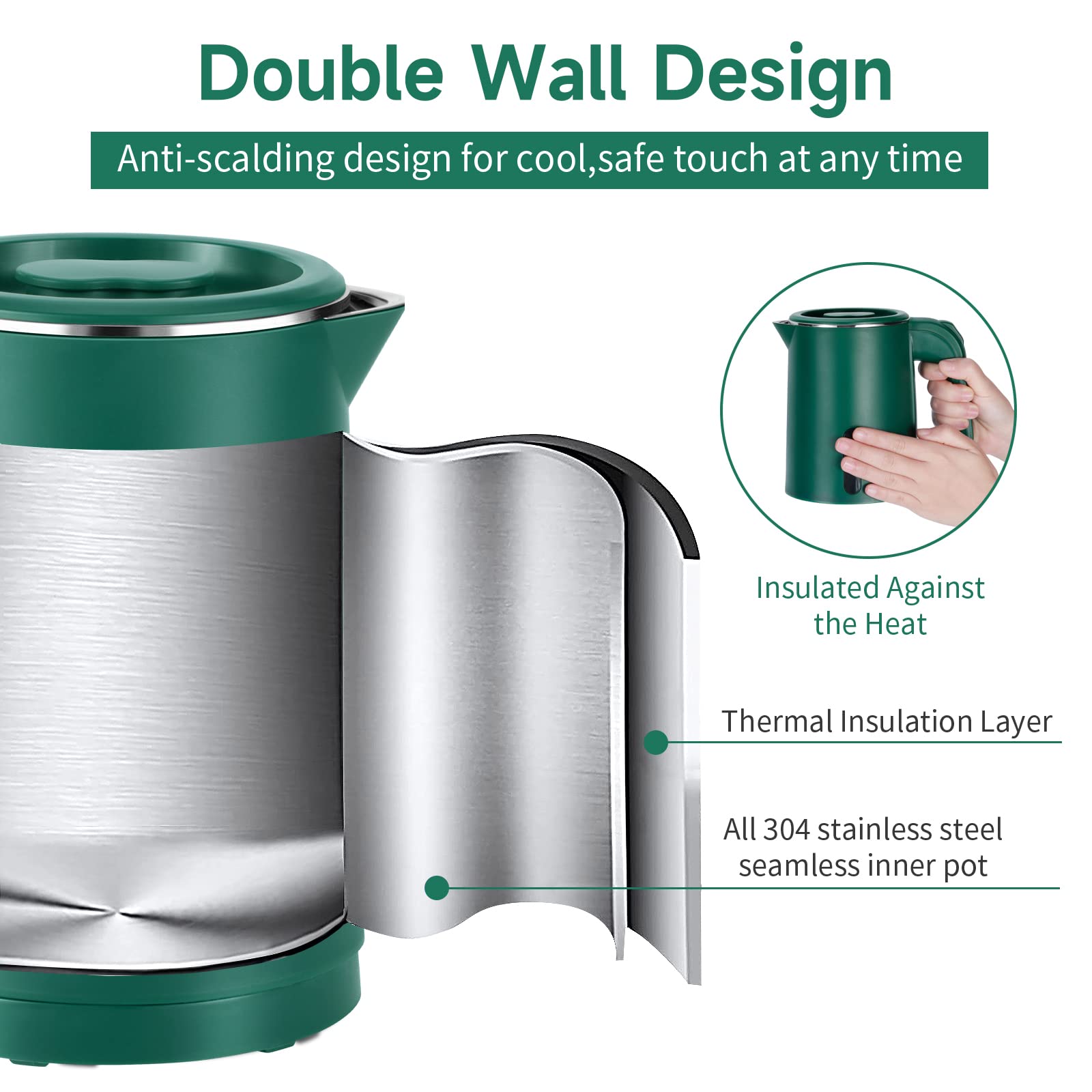 0.8L Small Portable Electric Kettles for Boiling Water, Mini Stainless Steel Travel Kettle, Portable Mini Hot Water Boiler Heater, Quiet Fast Boil with Boil-Dry Protection (Green)
