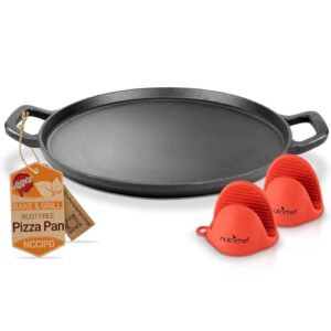 nutrichef 14-inch cast iron pizza pan - versatile pre-seasoned round cooking griddle, dosa pan, comal for oven, grill, stove, and campfires - includes 2 easy-grip heat safe silicone handles