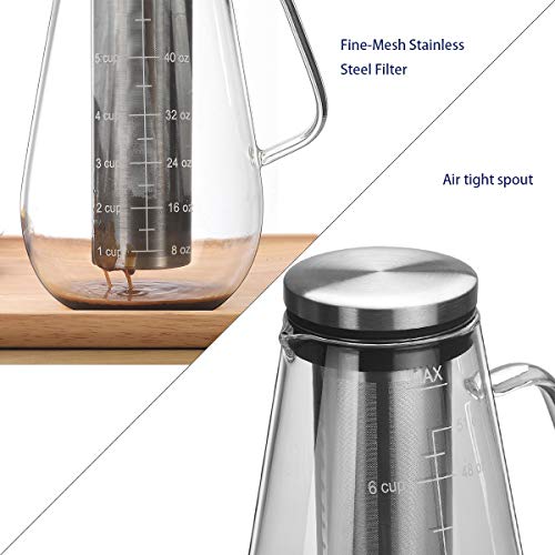 Cold Brew Coffee Maker Iced Tea Pitcher Infuser with Airtight Lid and Thick High Borosilicate Glass Carafe, 51oz/1.5L