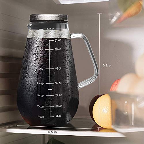 Cold Brew Coffee Maker Iced Tea Pitcher Infuser with Airtight Lid and Thick High Borosilicate Glass Carafe, 51oz/1.5L